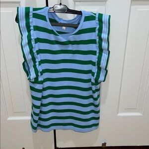 crown & ivy Blue and Green Striped Tee with ruffle sleeves